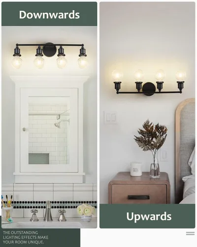 Vista 2 de Lámpara de tocador de 4 luces, aplique industrial de pared negra, lámpara de pared de baño de granja, lámpara de pared con base E26 vintage