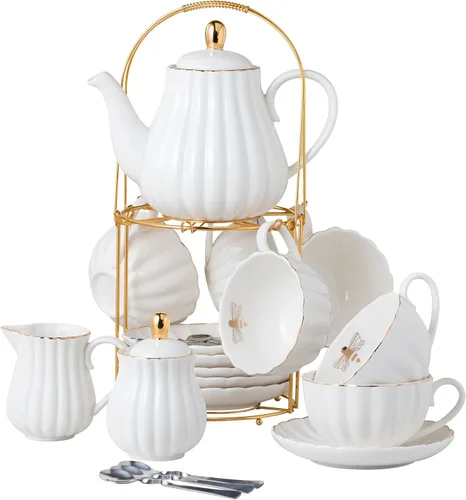 Vista 8 de CLAY TONIC- Juego de tazas de té y café de porcelana fina púrpura de 8 oz, tazas y platillos, con tetera, azucarero, jarra para crema, cucharaditas