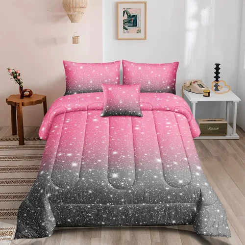 Vista 8 de ROWADALO DJTGB5001Twin - Juego de edredón de 5 piezas con purpurina gris y negro, tamaño individual, juego de ropa de cama de cielo estrellado