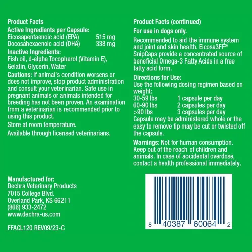 Vista 2 de Eicosa3FF SnipCaps Omega 3 cápsulas de ácidos grasos libres para perros, grandes, 120