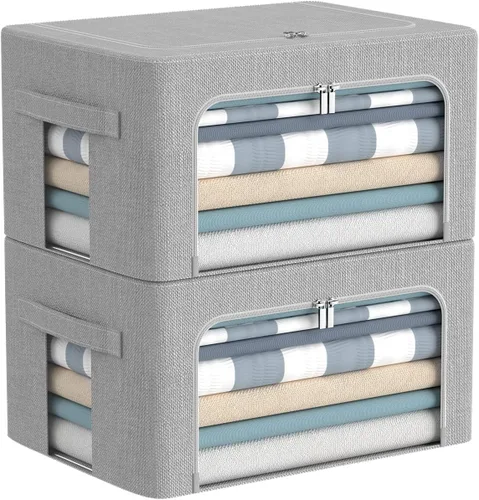 Vista 17 de CYhom Caja de almacenamiento de ropa, juego organizador plegable de tela de lino con ventana transparente, asas de transporte y marco de metal, 2