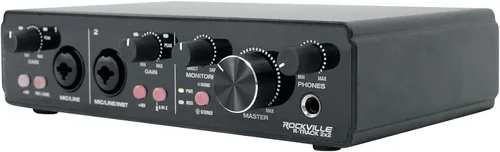 Vista 4 de Interfaz de grabación USB Rockville R-TRACK 2x2, 24 bits 192KHz, 2 micrófonos Pres 48V Phantom Power, MIDI I/O, Hi-Z Input, ASIO Driver, XLR/1/4