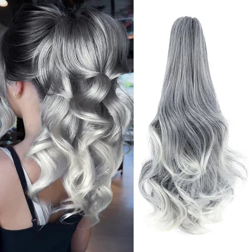 Vista 31 de Felendy Extensión de cola de caballo de 18 pulgadas, mezcla de rubio ceniza, marrón oscuro, rizado, ondulado, con clip, extensiones de cabello largo