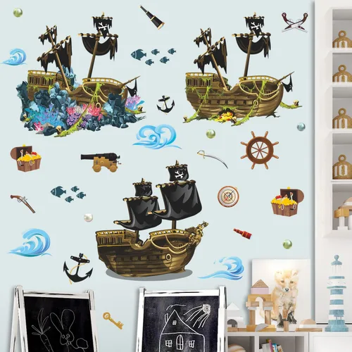 Vista 4 de Calcomanías de pared de barco pirata 3D, calcomanías de pared de naufragio, tema submarino, bricolaje, naufragio, pez, joyería, algas marinas