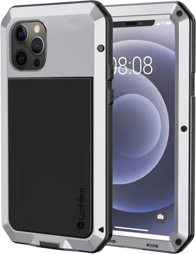 Vista 12 de Lanhiem Funda de metal para iPhone 12 Pro Max, resistente a los golpes, con protector de pantalla de vidrio integrado, cubierta protectora de cuerpo