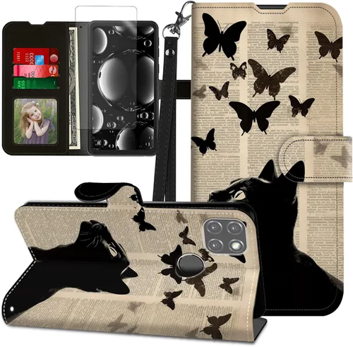 Vista 65 de Funda para Motorola Edge 2022 con protector de pantalla, soporte y tarjetero y correa para la muñeca, funda magnética para Moto Edge 2022 5G UW Lobo