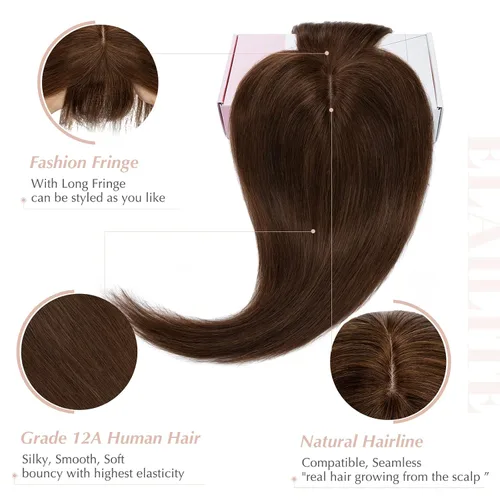 Vista 3 de Elailite Toppers para el cabello para mujeres con cabello ralo, topper de cabello humano real con flequillo, delgado, 5.1"x2.8" base de seda, Marrón