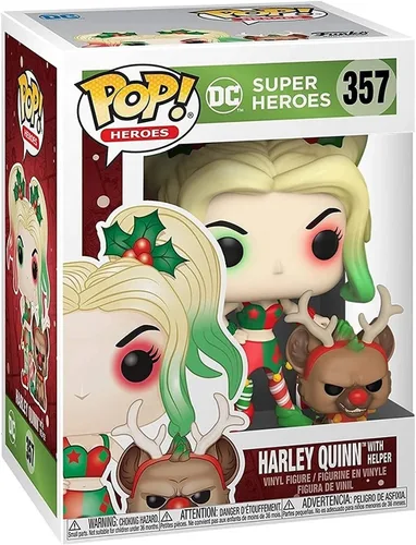 Vista 3 de Funko POP DC Holiday - Figura de vinilo de Harley Quinn con Hyena Helper Pop! (paquete con funda protectora compatible con caja de burbujas pop)