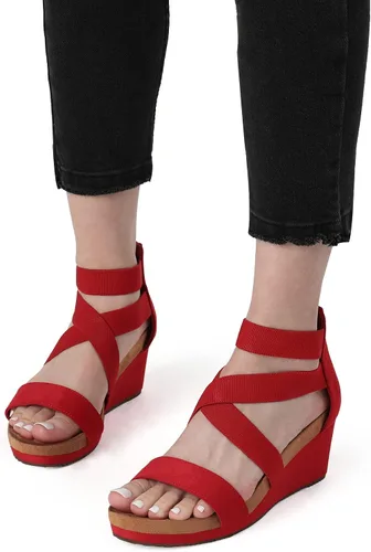 Vista 4 de Dream Pairs - Sandalias de cuña con plataforma y puntera abierta y correa elástica para mujer, Rojo3