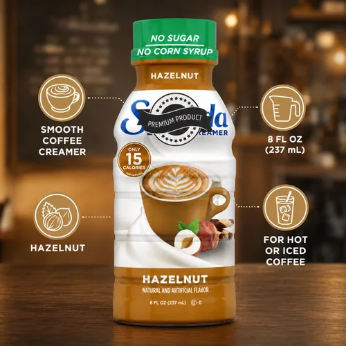 Vista 4 de Crema de café de avellana, botella de 8 onzas líquidas, sin azúcar, sin jarabe de maíz, crema líquida saborizada para café caliente o helado