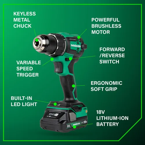 Vista 4 de Metabo HPT Kit combinado de taladro conductor inalámbrico sin escobillas multivoltios de 18 V y destornillador de impacto, kit de herramientas