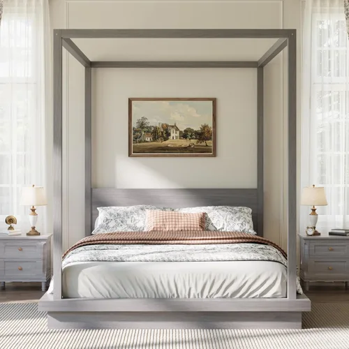 Vista 56 de Cama de plataforma con dosel de 4 pósteres de tamaño matrimonial con cabecero de listones verticales Negro-8.1