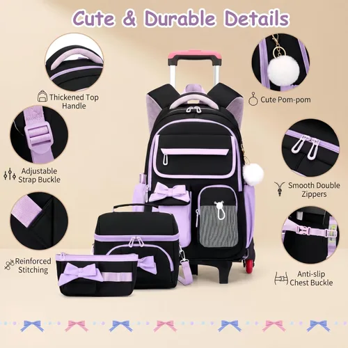 Vista 4 de Mochila con ruedas para niñas, mochila con ruedas para escuela primaria, bolsa de libros con ruedas con 6 ruedas, 3 ruedas negras y azules-6