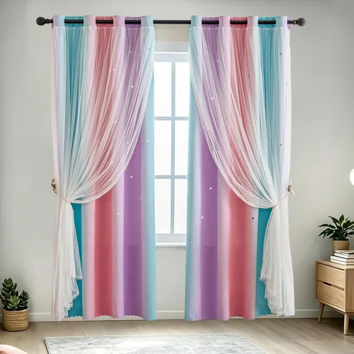 Vista 10 de indistar Cortinas opacas con recortes de estrellas para dormitorio de niña, cortinas de oscurecimiento para habitación de bebé, cortinas