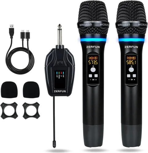 Vista 9 de Micrófonos inalámbricos duales recargables, sistema de micrófono inalámbrico de metal UHF micrófono inalámbrico profesional con control de eco