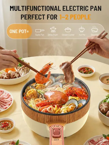 Vista 5 de Olla eléctrica, olla eléctrica portátil de 1.5 L, sartén multifuncional para sopa de filete de ramen con potencia ajustable para dormitorio, hogar