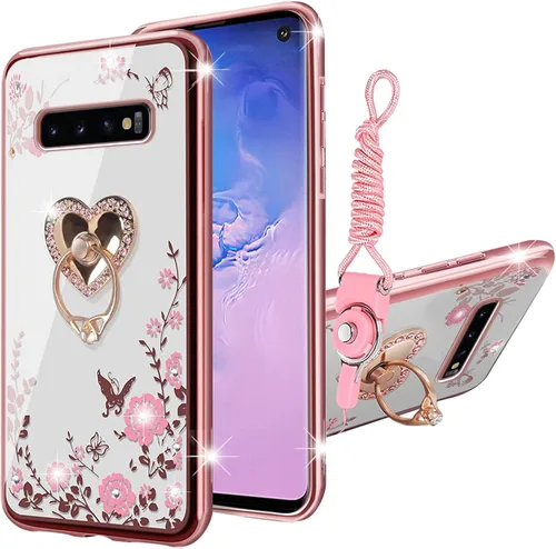 Vista 11 de Funda para Samsung Galaxy S10, Galaxy S10 2019 para mujer con purpurina de cristal suave TPU transparente con correa de pie de apoyo