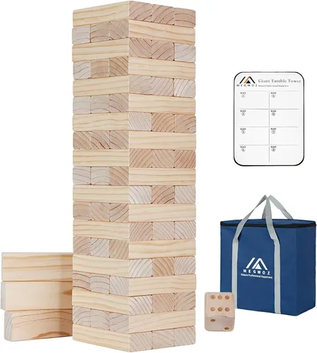 Vista 9 de Megwoz Juegos de torre de caída mediana para niños y adultos, 66 bloques de madera de pino de Nueva Zelanda apilados a 3.5 pies, juegos familiares