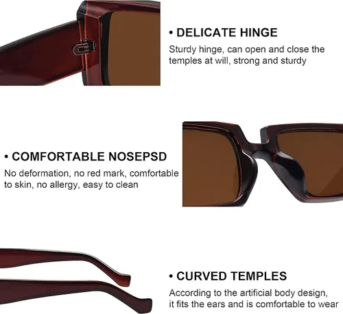 Vista 4 de Laurinny Gafas de sol rectangulares para mujeres y hombres, estilo vintage de los años 90, marco cuadrado ancho, gafas de sol gruesas retro