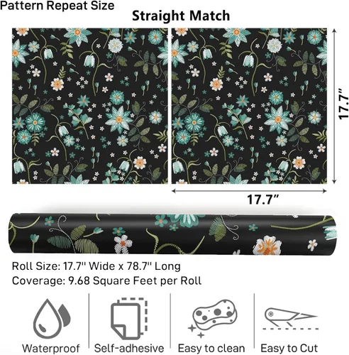 Vista 8 de VaryPaper Papel tapiz floral negro de 17.7 x 78.7 pulgadas, diseño de copos de nieve y flores, papel tapiz autoadhesivo extraíble, papel de contacto