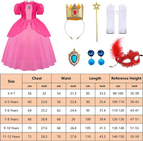 Vista 7 de Avady Princess Peach Costume for Girls Super Brother Kids Cosplay Costume Birthday Party Halloween Dress Up with Accessories
