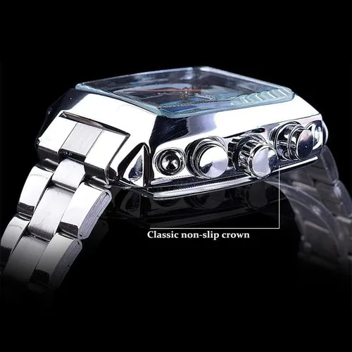 Vista 7 de FANMIS Reloj de pulsera analógico automático de acero inoxidable con fecha oblonga plateada para hombre, Mecánico