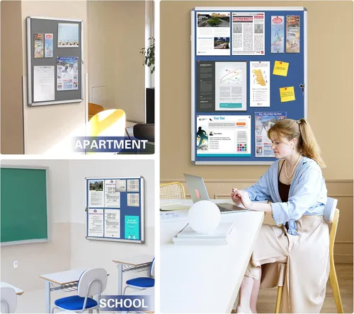 Vista 6 de SWANCROWN - Tablero de anuncios con cerradura a prueba de manipulaciones y cerrado para hogar, oficina y escuela, montado en la pared, de tela azul