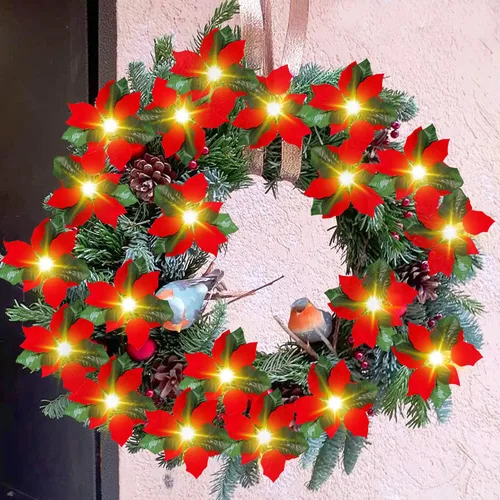 Vista 5 de Guirnalda de Pascua roja LED de Navidad con luces blancas cálidas de 14 pies, flores de Pascua artificiales para decoración navideña, temporizador
