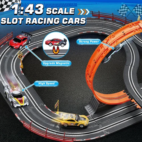 Vista 5 de Juguetes para niños de 6, 7, 8-12 años, juegos de pista de carreras de ranuras con 4 autos de ranura, pista de batería o eléctrica para niños, juego