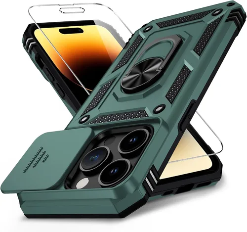 Vista 10 de Funda para iPhone 14 con cubierta para lente de cámara, protector de pantalla HD, protección contra caídas de grado militar de 10 pies, soporte