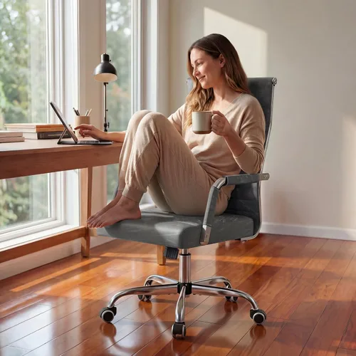 Vista 8 de Furmax Silla de escritorio de oficina acanalada con respaldo medio, silla ejecutiva de piel sintética, silla giratoria ajustable con brazos