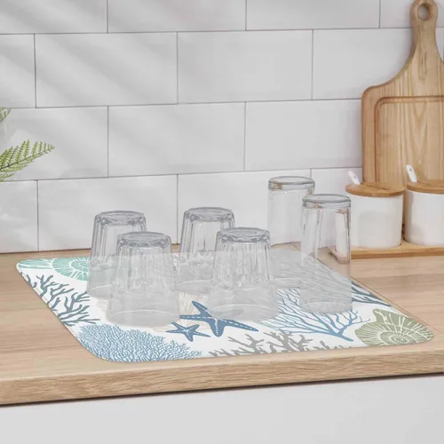 Vista 5 de Tapete de secado de platos de playa de verano para encimera de cocina, almohadilla de secado de microfibra para biberones de bebé, azul verdoso