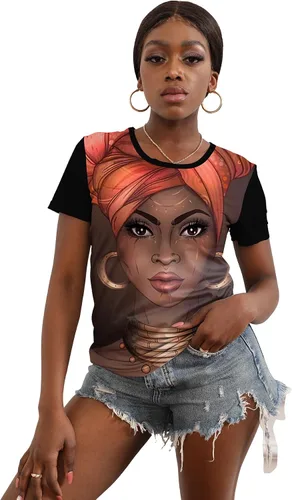 Vista 8 de Camisa para mujer con estampa 3D de mujer negra, con afro, pelo natural, camisa informal Negro-10