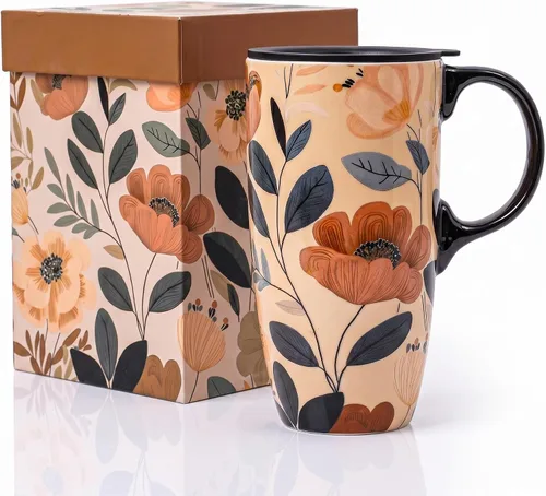 Vista 12 de Topadorn Taza de Cerámica para Café de Porcelana Latte Taza de Té con Tapa en Caja de Regalo 17oz, Flores Azules