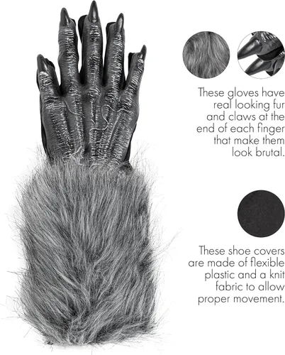 Vista 2 de Skeleteen Guantes de disfraz de mano de hombre lobo Manos de garra de lobo peluda gris, accesorios de disfraz de monstruo para niños y adultos, Gris