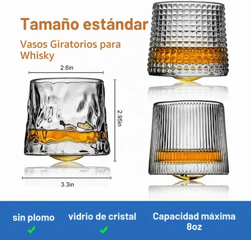 Vista 2 de Vasos de whisky giratorios a la antigua, juego de 2 vasos de rock, vasos de bar para beber bourbon, whisky, cócteles, coñac, tequila, irlandés