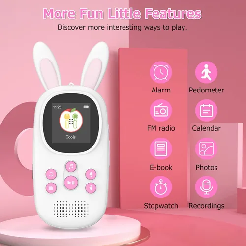 Vista 3 de Reproductor Mp3 para Niños, Lindo Reproductor Mp3 de Conejo para Niños con Bluetooth, Reproductores Mp3 de 32GB con Altavoz, Radio FM, Grabaciones