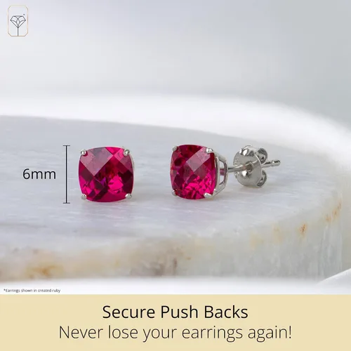 Vista 3 de 925 Sterling Silver Cushion Cut Gemstone Stud Earrings for Women 6MM Hypoallergenic Birthstone Stud Earrings Anti Tarnish Silver Earring Studs by