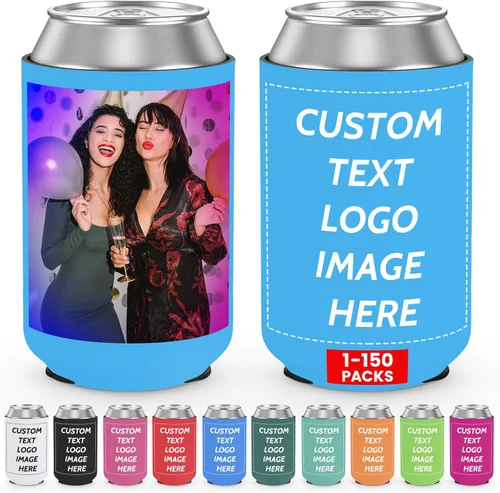 Vista 14 de Valyria Fundas enfriadoras de latas personalizadas, 1 unidad, plegable, aislante, soporte para bebidas con logotipo, imagen, texto para aniversario