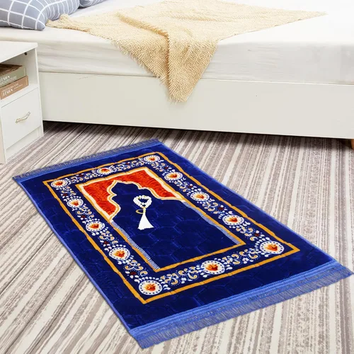 Vista 2 de Alfombra de Oración Musulmana Mat Islámica - Alfombra de Oración Sajadah Acolchada Muy Gruesa para Hombres y Mujeres con Cuentas de Oración del Azul