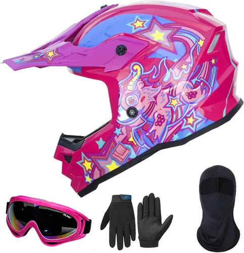 Vista 7 de ILM Casco ATV Juvenil para Niños Dirt Bike Motocross BMX Todoterreno Motocicleta Go Kart Casco DOT ECE Modelo Z705 (Chicle, S)