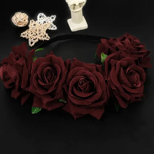 Vista 7 de WOVOWOVO Diademas florales de corona de rosas oscuras para mujer, diadema de rosas falsas rojas para festivales, Halloween, cosplay, disfraces