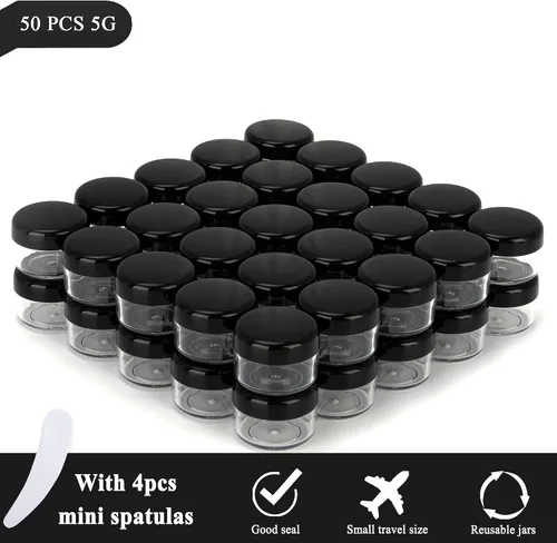 Vista 5 de 50 piezas de 5 gramos de envases de muestra, tarros vacíos de 5 ml con tapas, pequeños envases cosméticos, tarros de muestra mini con 4 piezas