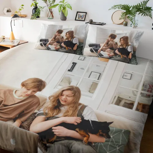 Vista 6 de Juego de ropa de cama personalizada con imagen, texto, logotipo, 1 funda de edredón y 2 fundas de almohada, diferentes tamaños personalizables
