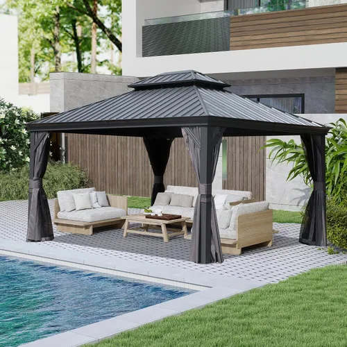 Vista 12 de Domi - Cenador de techo rígido de 8 x 8 pies con malla y cortinas, cenador para exteriores con techo doble de acero galvanizado para patio, césped