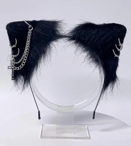 Vista 30 de VIGVAN Accesorios de orejas de gato para cosplay, punk, gótico, cruz, orejas de gato, pinzas para la cabeza