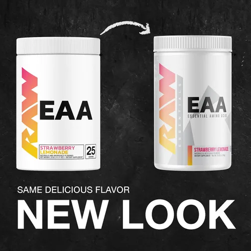 Vista 2 de RAW EAA Aminoácidos en polvo, limonada de fresa (25 porciones) – Aminoenergía en polvo preentrenamiento para fuerza, resistencia, recuperación