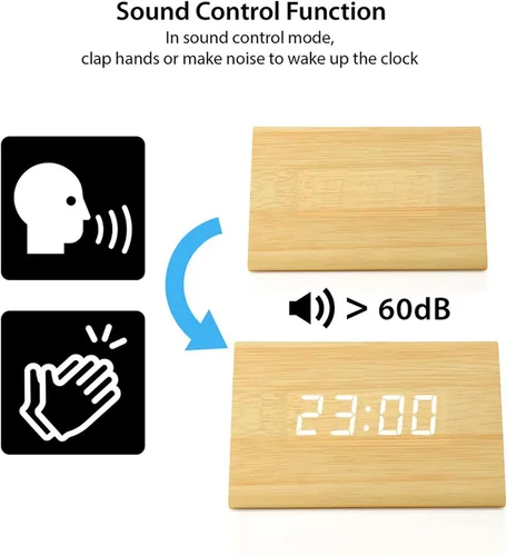 Vista 2 de Moderno reloj despertador con indicador de temperatura y calendario con diseño triangular de madera con luces led. Gearonic TM.