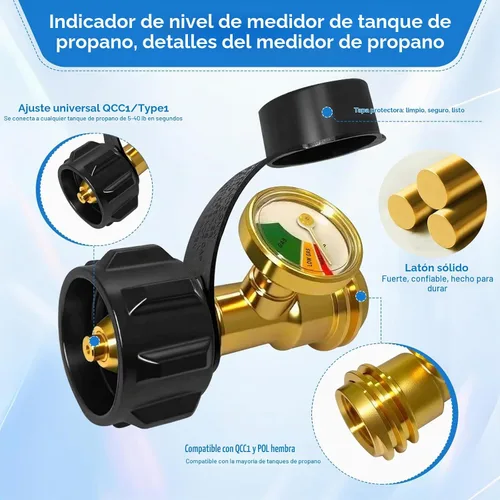 Vista 5 de Indicador de nivel de tanque de propano, medidor universal de propano para tanque LP de 5-40 lb, medidor de presión de gas con código