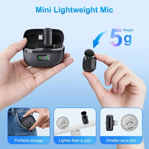 Vista 4 de Mini micrófono de solapa USB-C, micrófono Lavalier ligero de 0.18 oz con cancelación de ruido para iPhone 17/16/15 y Android, configuración de audio